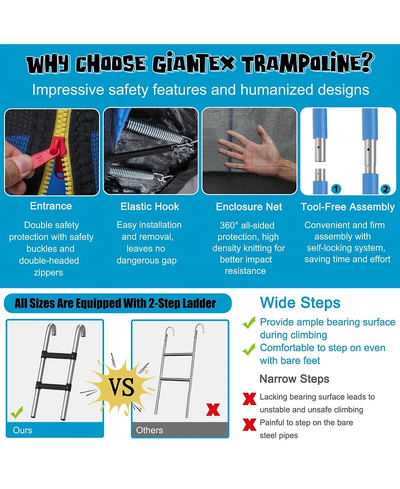 Gymax 15FT Outdoor Large Trampoline Safety Enclosure Net w/ Basketball Hoop Ladder
