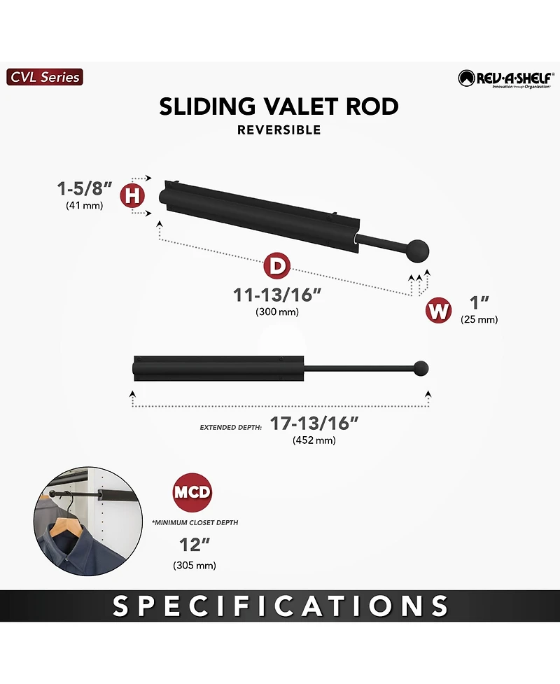 Rev-a-Shelf 6'' Extending Metal Closet Valet Clothes Rod, Chrome, Cvl-12-cr