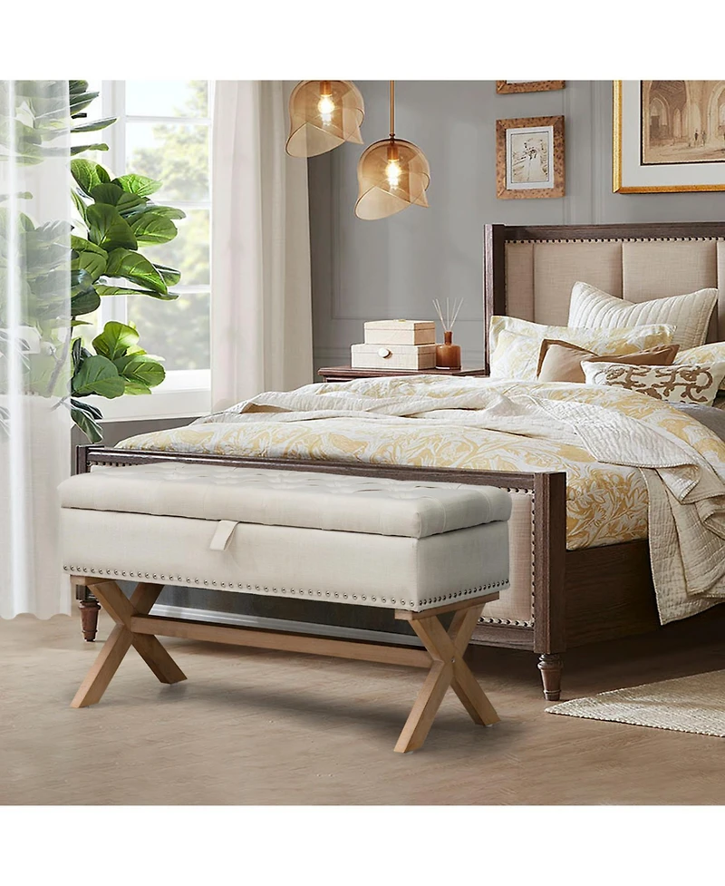 35 Inch Button-Tufted Storage Ottoman, Linen Storage Bench for End of Bed-The Pop Home
