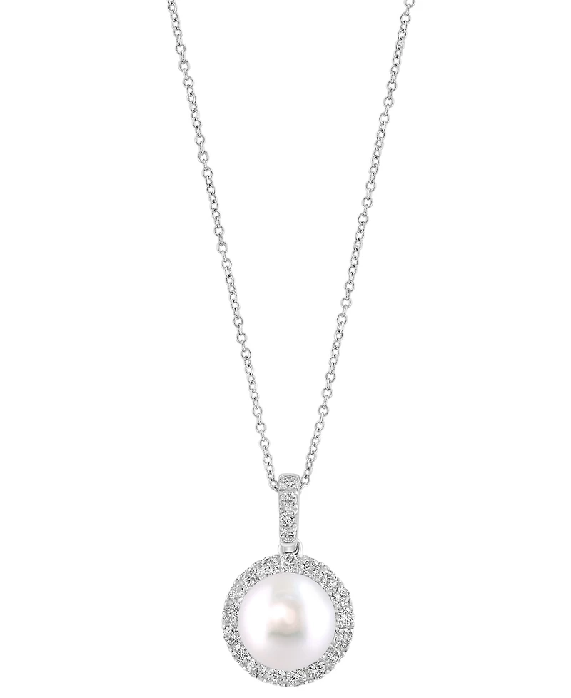Effy Cultured Freshwater Pearl (10mm) & Diamond (5/8 ct. t.w.) Halo 18" Pendant Necklace in 14k White Gold