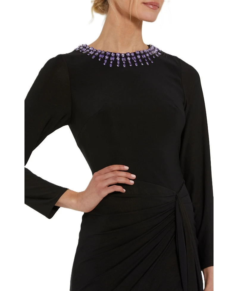 Mac Duggal Women's Long Sleeve Jersey Ruched Gown With Beaded Neck