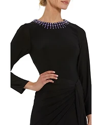 Mac Duggal Women's Long Sleeve Jersey Ruched Gown With Beaded Neck
