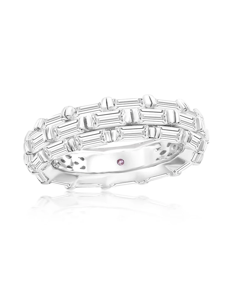 Suzy Levian Sterling Silver Cubic Zirconia White Baguette Three Row Eternity Band
