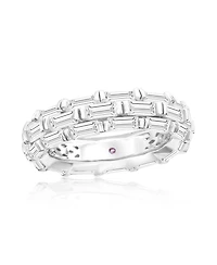 Suzy Levian Sterling Silver Cubic Zirconia White Baguette Three Row Eternity Band