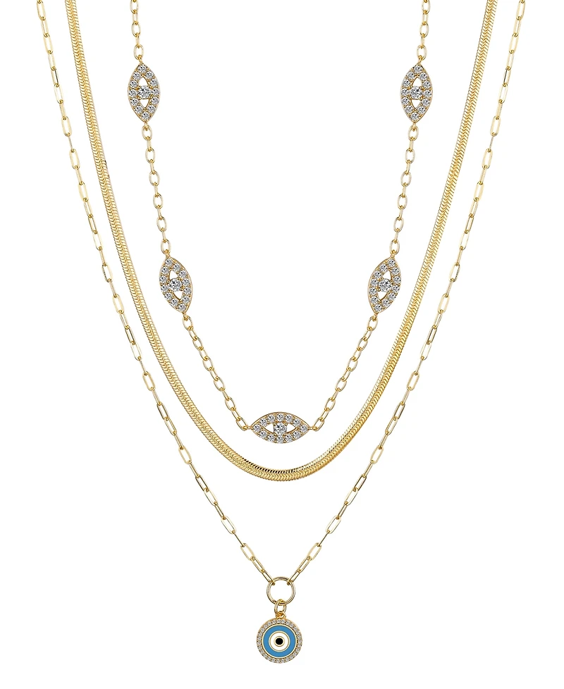 Unwritten Cubic Zirconia Evil Eye Paperclip Layered Pendant Necklace Set