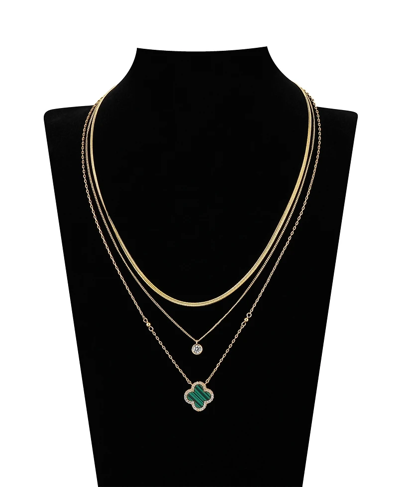 Unwritten Malachite Clover and Cubic Zirconia Bezel Layered Necklace Set
