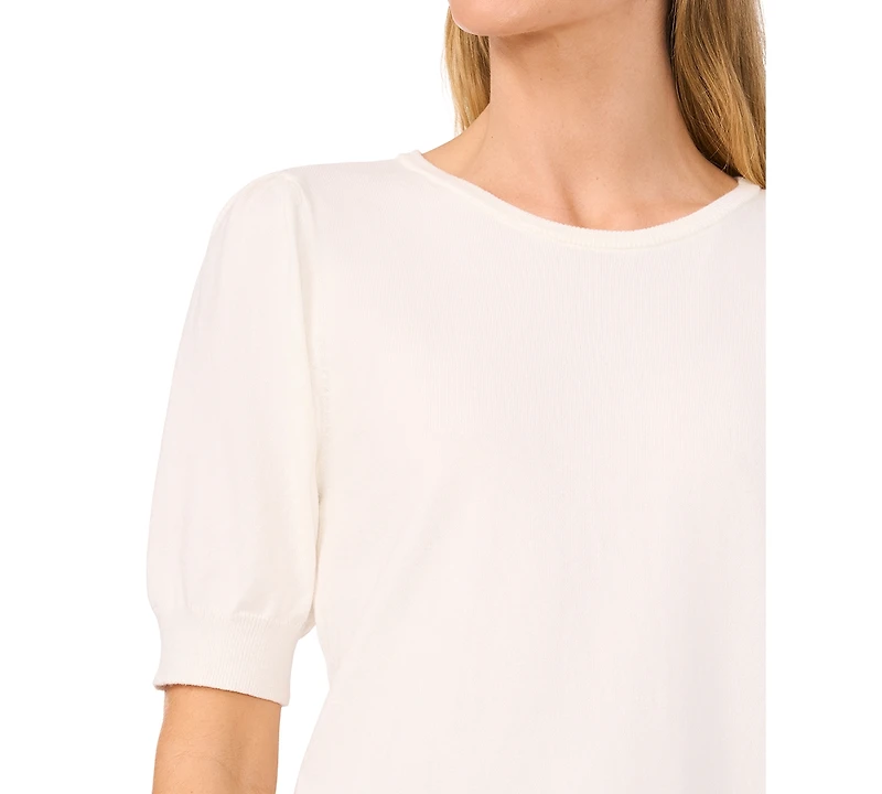 CeCe Women's Crewneck Puff Sleeve Cotton Sweater
