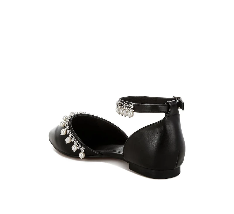 Aouva Rhinestone & Pearl Ankle Strap Flat Sandals