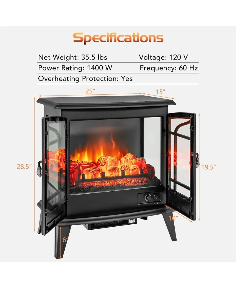 Sugift 25 Inch Freestanding Electric Fireplace Heater with Realistic Flame effect