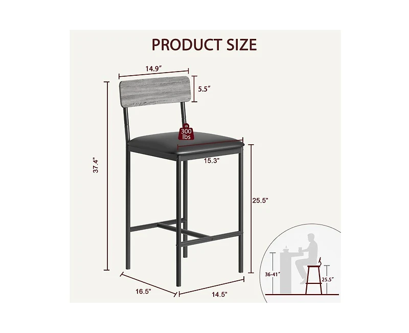 Bar Stools Set of 4, Kitchen Bar Stools with Footrest, 25.5 Inches Upholstered Bar Chairs with Back, 4 Counter Height Barstools for Counter Bar, Islan