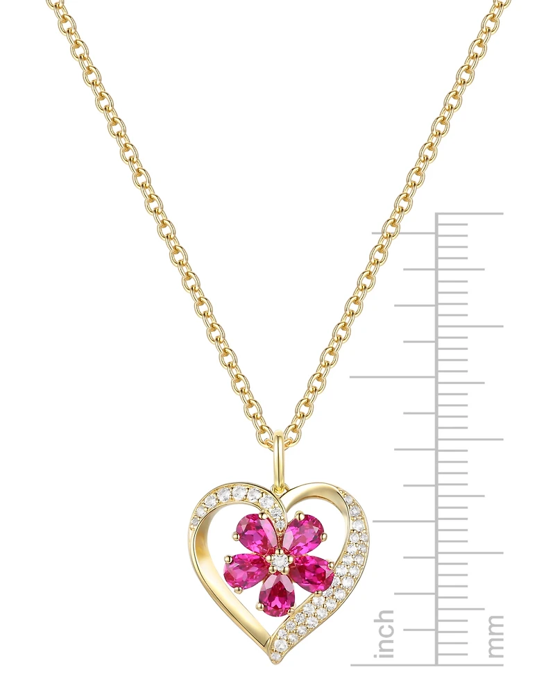 Lab Grown Ruby (1 ct. t.w.) & Lab Grown White Sapphire (1/20 ct. t.w.) Heart Flower Cluster 18" Pendant Necklace in 14k Gold over Sterling Silver