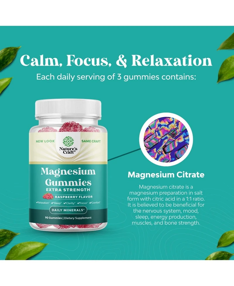 Magnesium Gummies, Relaxing Magnesium Citrate Gummies for Muscle Function and Relaxation Support, Nature's Craft, 90ct