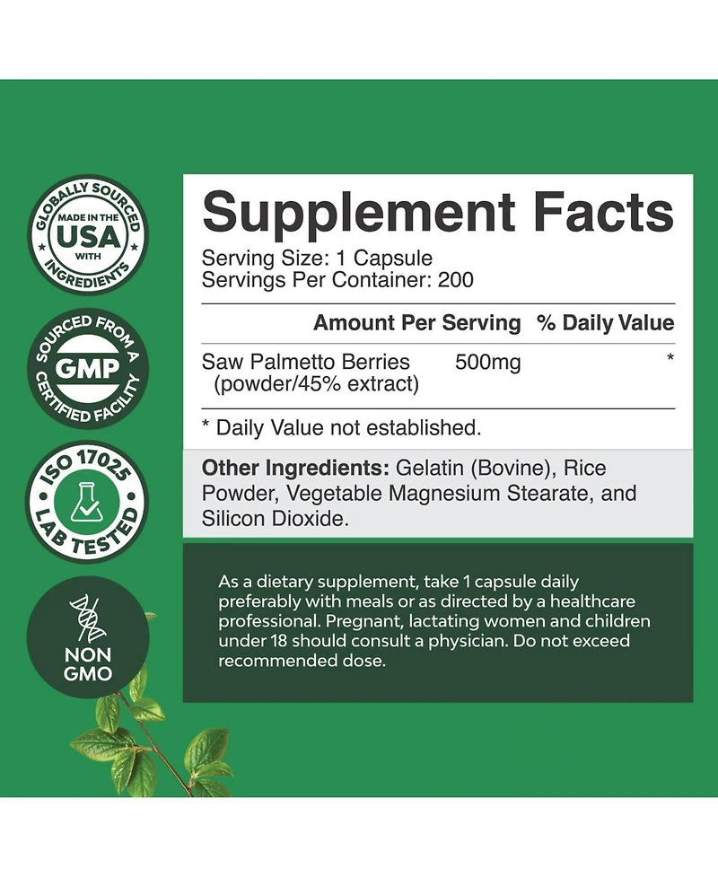 Saw Palmetto Capsules, Advanced Hair Health and Urinary Support with Plant Sterols & Flavonoids, Nature's Craft, 200 ct