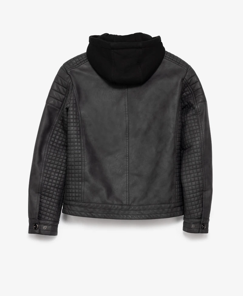 Boy's Lined Moto Pu Leather Jacket With Removable Hood