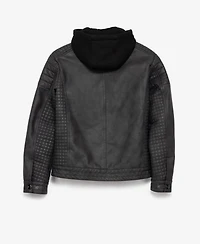 Boy's Lined Moto Pu Leather Jacket With Removable Hood