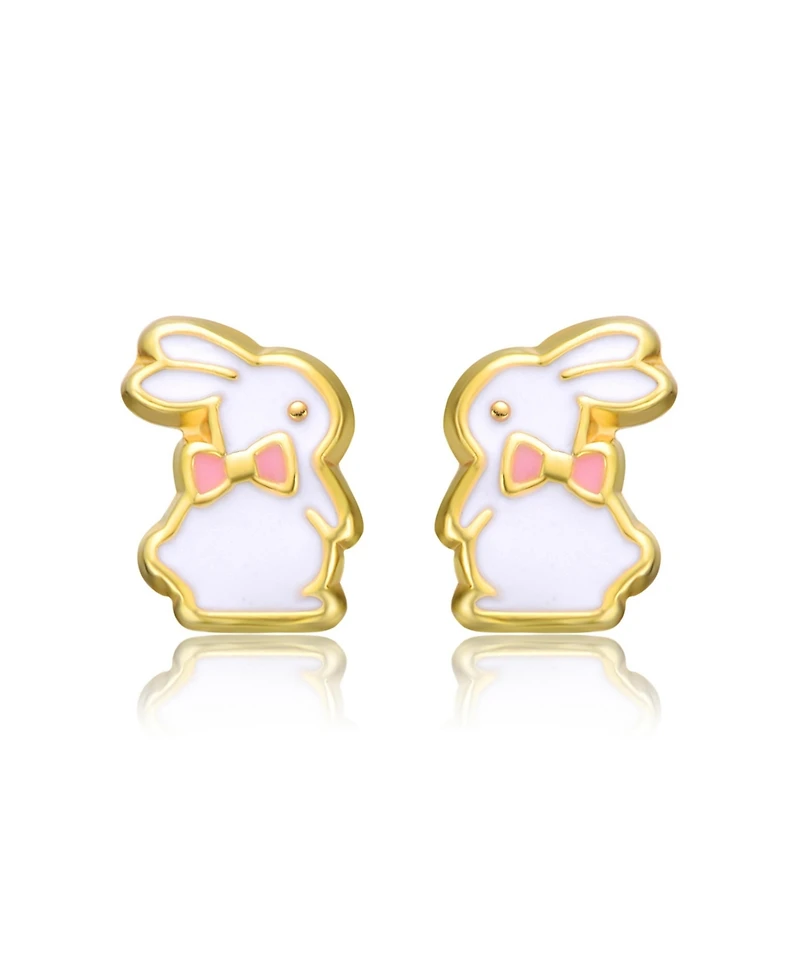 GiGiGirl Sterling Silver 14K Gold Plated White Enamel & Pink Bow Tie Bunny Rabbit Stud Earrings