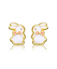 GiGiGirl Sterling Silver 14K Gold Plated White Enamel & Pink Bow Tie Bunny Rabbit Stud Earrings