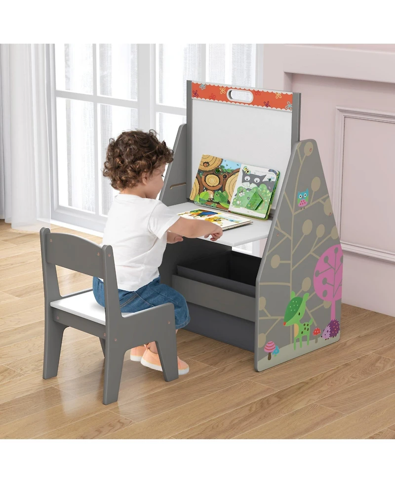 Gouun 3 in 1 Kids Easel and Play Station Convertible with Chair and Storage Bins