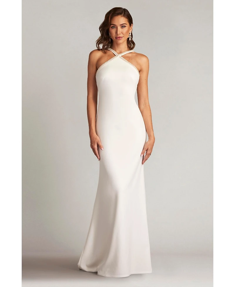 Tadashi Shoji Women's Sicily Pearl Trim Halter Gown