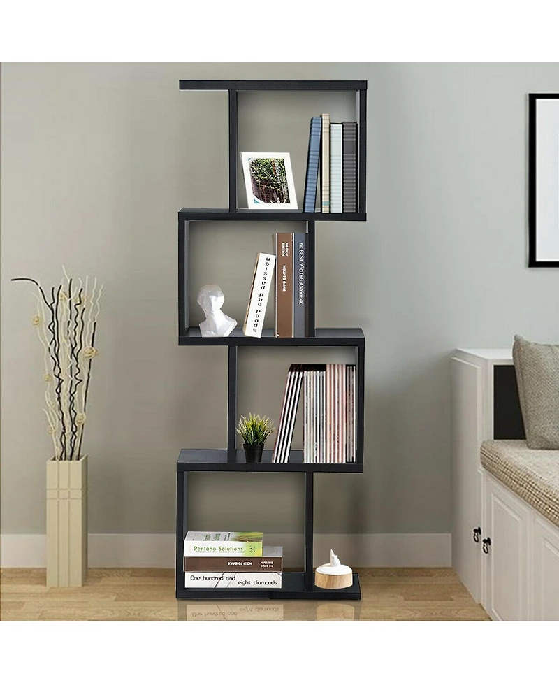 Gouun 4 Tiers Wooden S-Shaped Bookcase for Living Room Bedroom Office