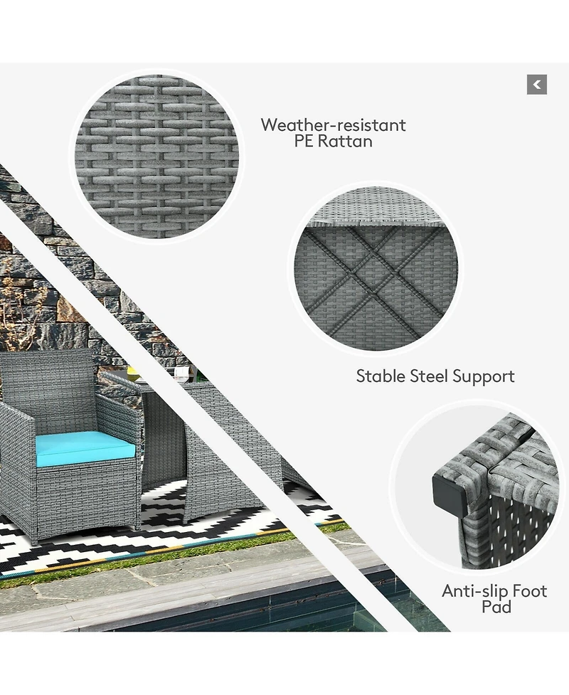Gouun 3-Piece Patio Rattan Furniture Set with Cushioned Chairs and Glass Table