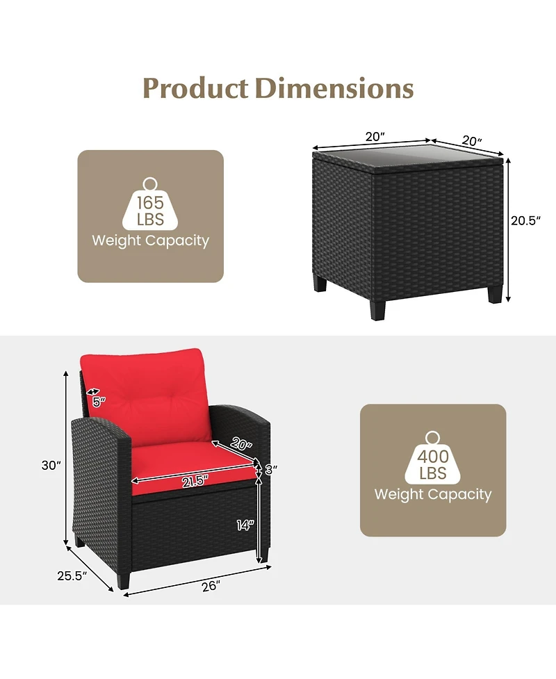 Gouun 3 Pieces Patio Furniture Set with Tempered Glass Table