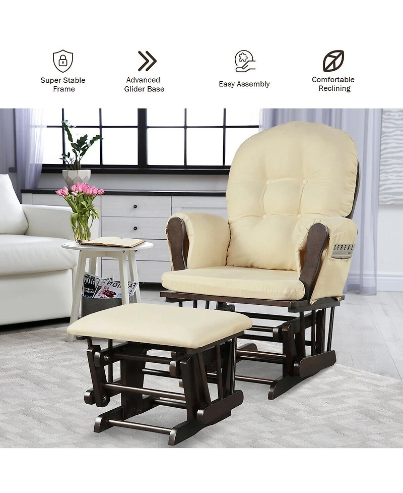 Gouun Wood Glider and Ottoman Set with Padded Armrests and Detachable Cushion