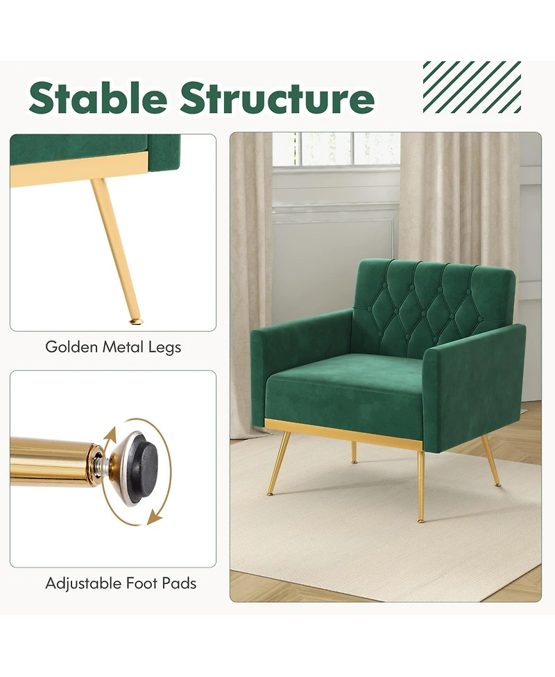 Gouun Modern Velvet Accent Chair with Button Tufted Back Metal Legs and Adjustable Foot Pads