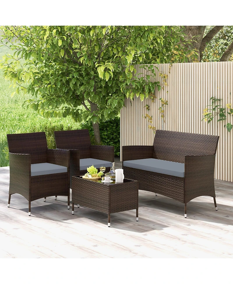 Gouun 4 Pieces Comfortable Outdoor Rattan Sofa Set with Glass Table