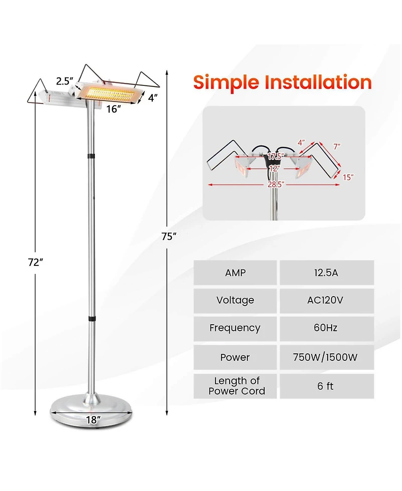 Gouun 1500W Standing Electric Heater with Double-sided Heating