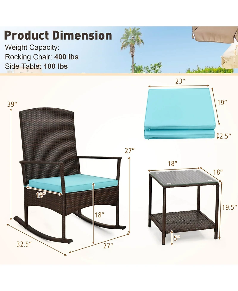 Gouun 3 Piece Patio Rocking Set Wicker Rocking Chairs with 2-Tier Table