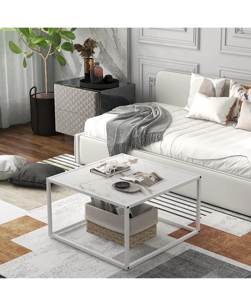 Gouun Modern Glass Square Table with Metal Frame for Living Room