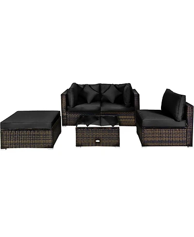 5 Pcs Outdoor Patio Rattan Furniture Set Sectional Conversation with Cushions