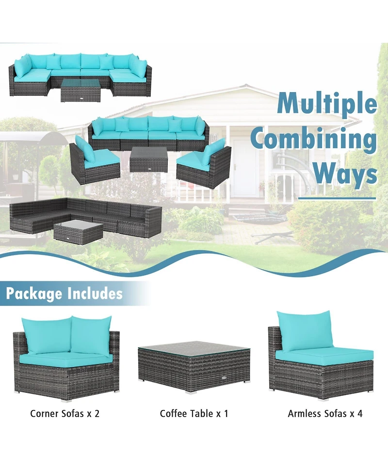 7 Pieces Patio Rattan Furniture Set with Sectional Sofa Cushioned