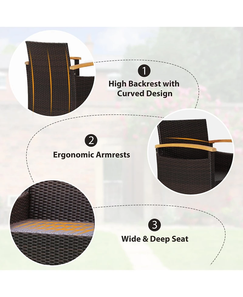 Patio Wicker Loveseat Sofa with Multipurpose Ottoman and Retractable Side Tray