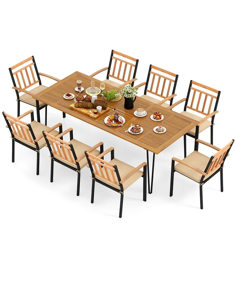 9 Pieces Patio Dining Outdoor Furniture Set with 8 Chairs and Umbrella Hole