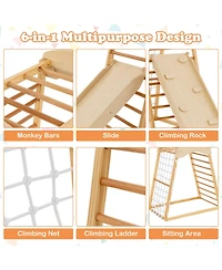 Gouun 6-in-1 Jungle Gym Wooden Indoor Playground with Double-Sided Ramp and Monkey Bars