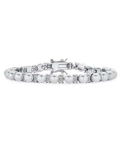 Bling Jewelry Alternating Round Cz Accent White Simulated Pearl Strand Bracelet 7.25 Inch