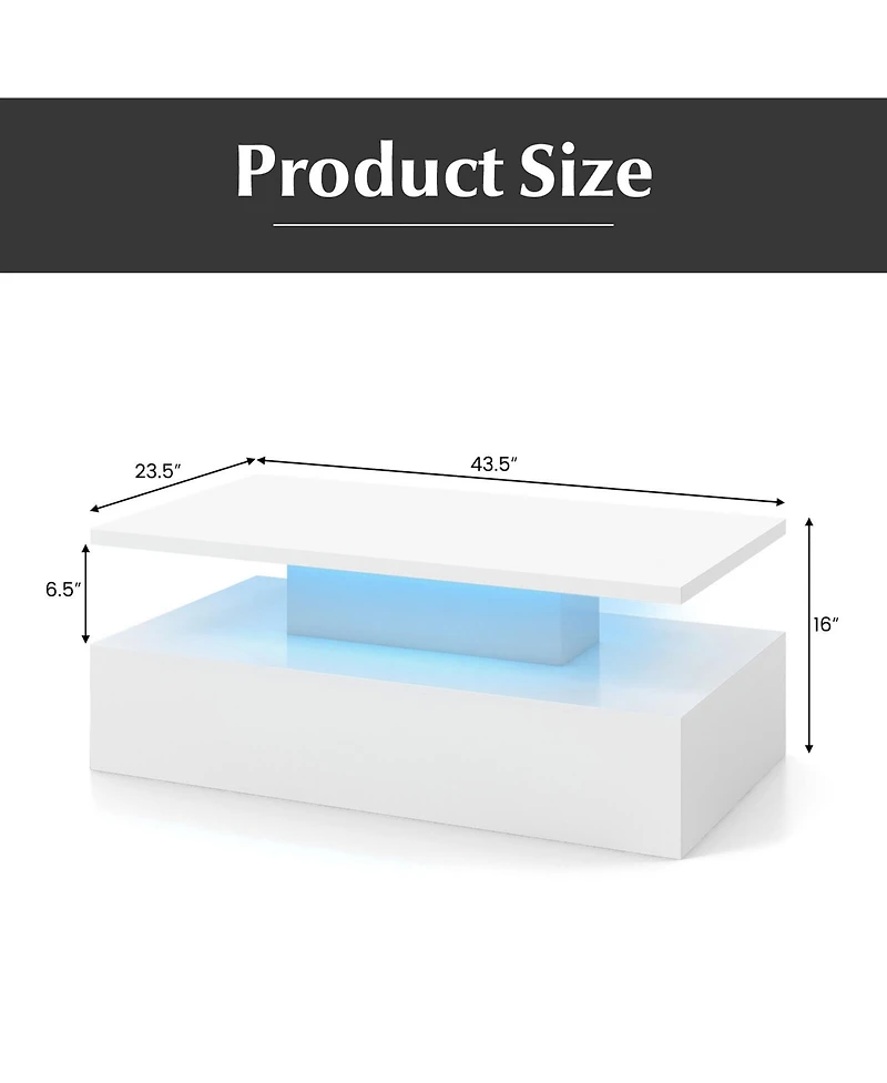Gymax Led Coffee Table 2-Tier High Glossy with Adjustable Light & Remote Control White