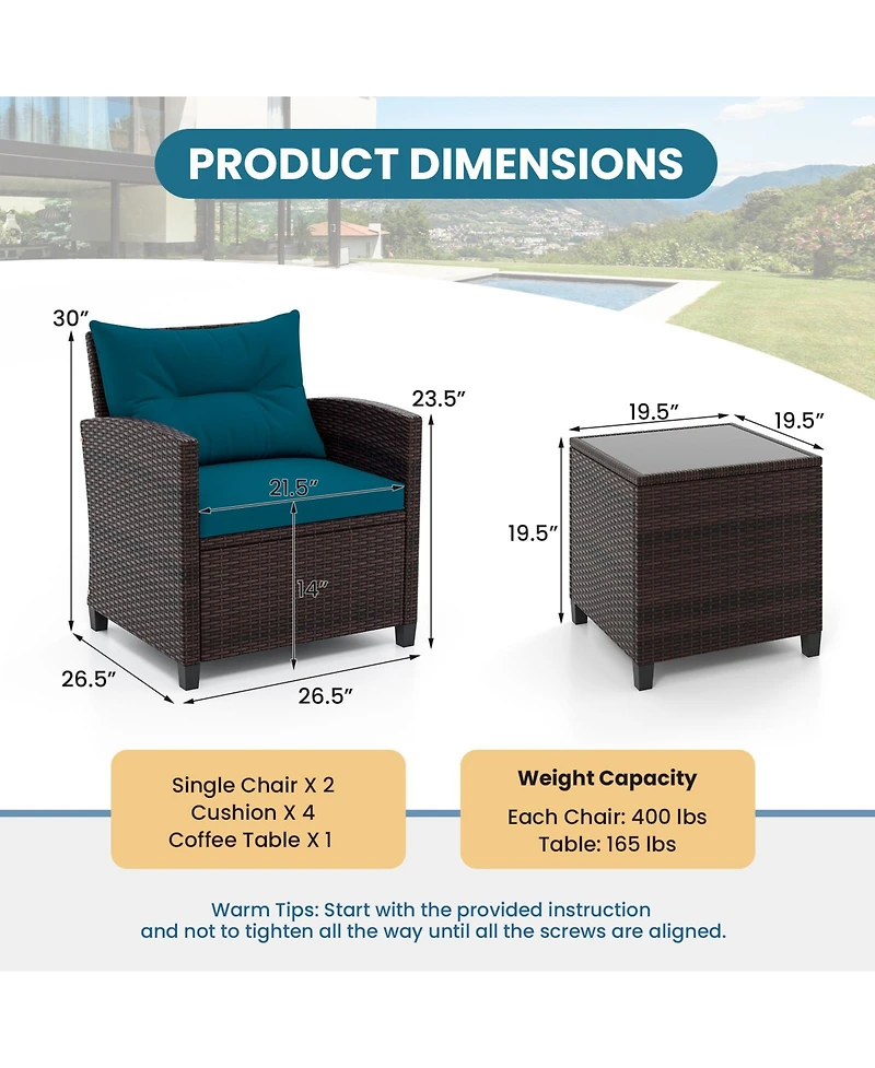 Gouun 3 Pieces Rattan Patio Furniture Set with Washable Cushion-Peacock