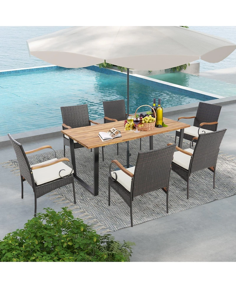 7 Pieces Patio Rattan Dining Set with 2 Inches Umbrella Hole-Curved Handrail