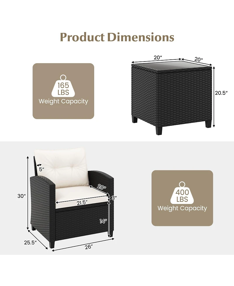 Gouun 3 Pieces Patio Furniture Set with Tempered Glass Table