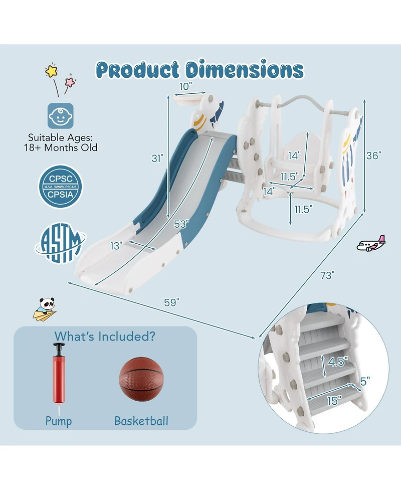 Gouun 4-in-1 Kids Slide and Swing Set with Basketball Hoop