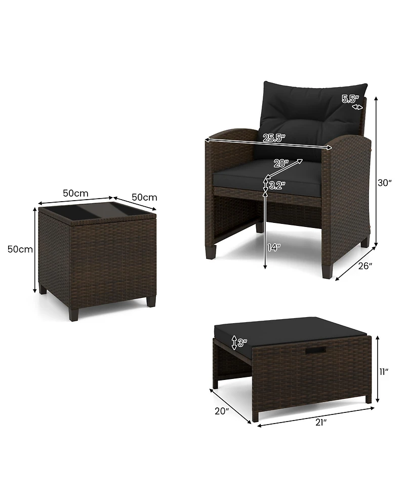 Gouun 5 Pieces Patio Rattan Furniture with 2 Ottomans and Tempered Glass Table