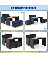 Gouun 4 Piece Outdoor Dining Set with Wood Topped Dining Table Rattan Loveseat Chair and 2 Ottomans