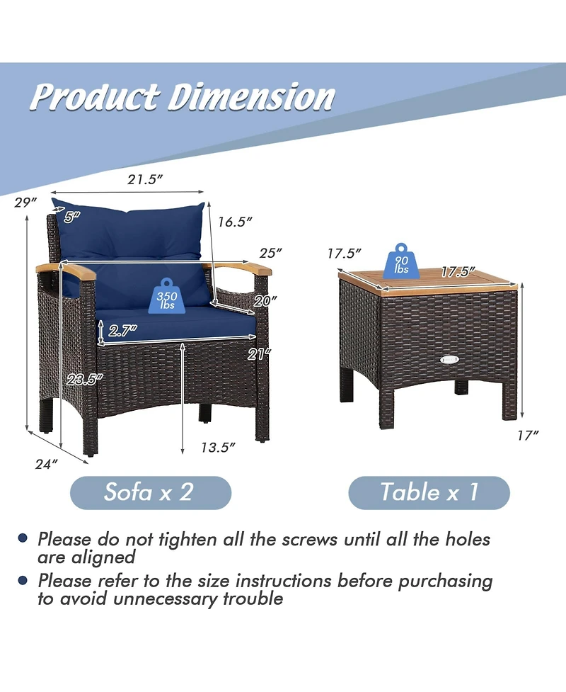 3 Pieces Patio Rattan Furniture Set with Removable Cushions