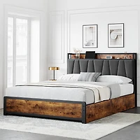 gaomon Queen Size Bed Frame with Upholstered Storage Charging Headboard, Heavy Duty Metal Platform Bed Frame with 4 Storage Drawers, Noise Free, No Bo