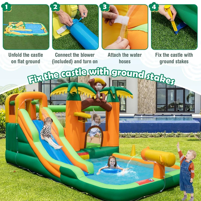 Monkey-Themed Inflatable Water Slide with Jumping Area and Pool with 680W Blower