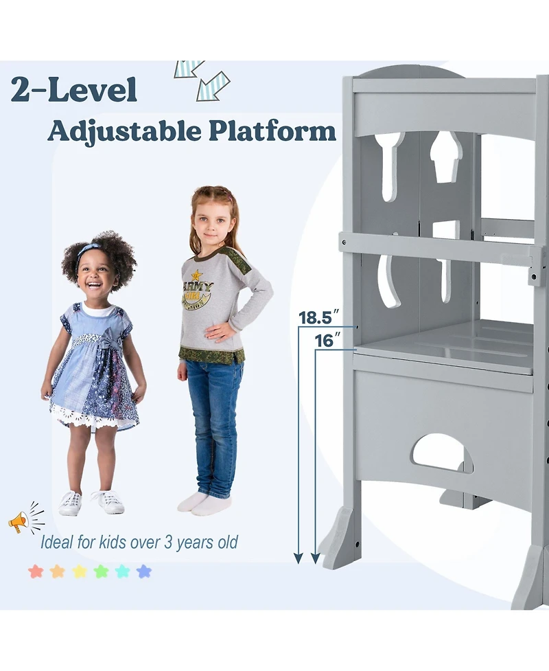 Gouun Boys Folding Wooden Step Stool with Lockable Safety Rail 3+
