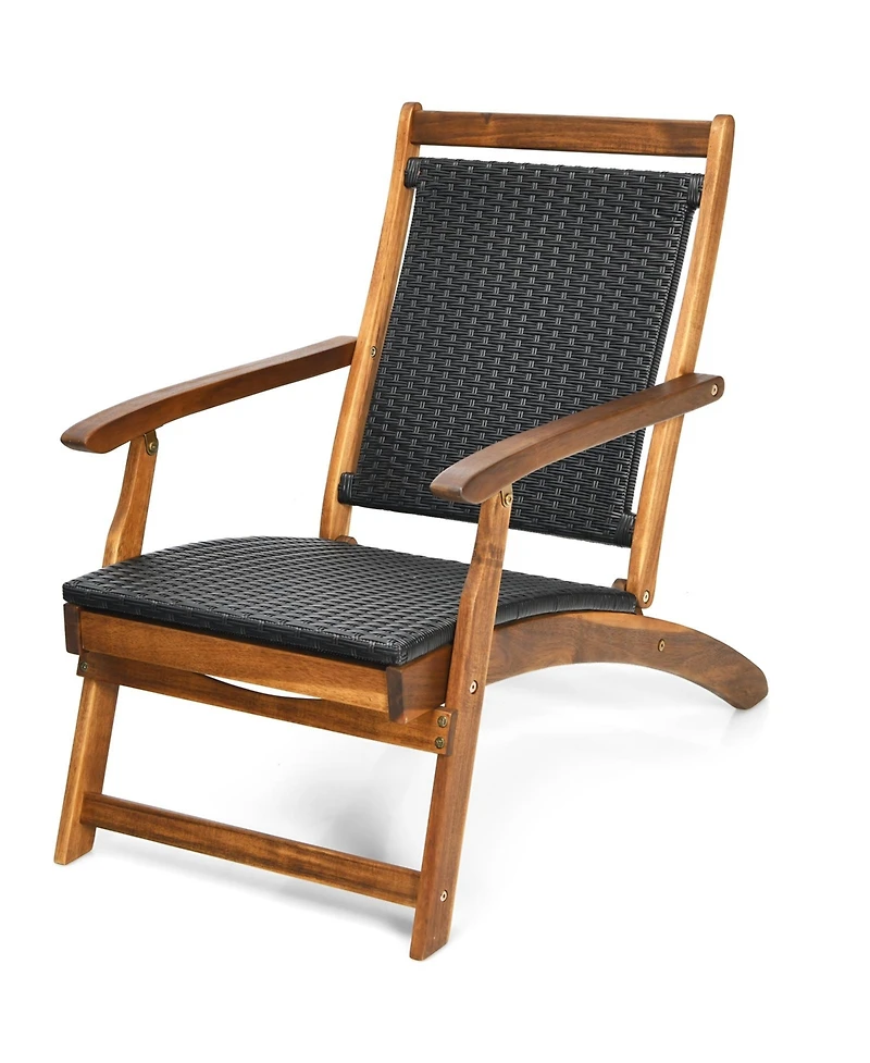 Gouun Patio Rattan Folding Lounge Chair with Acacia Wooden Frame Retractable Footrest